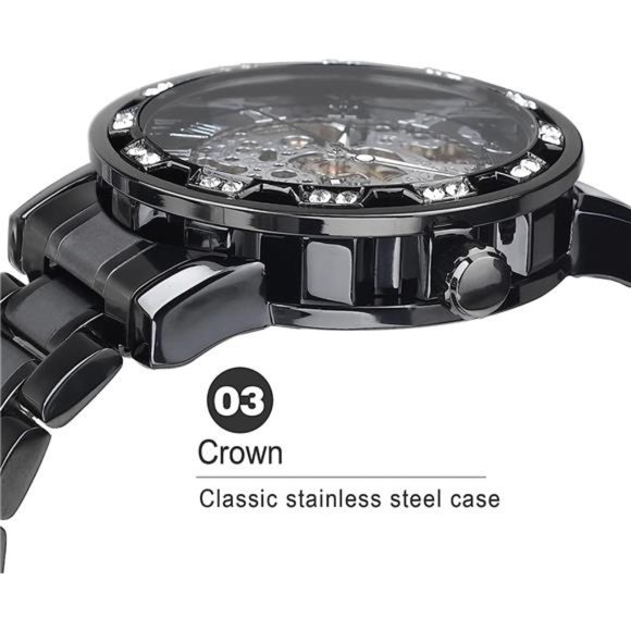 Retro Manual Mechanical Skeleton Watch with Diamond& Carving Flower, BlackSilver - Picture 5 of 6